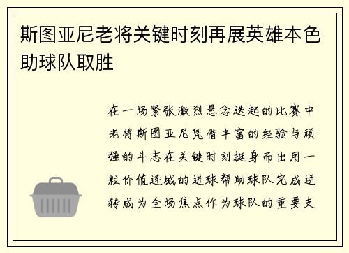 斯图亚尼老将关键时刻再展英雄本色助球队取胜