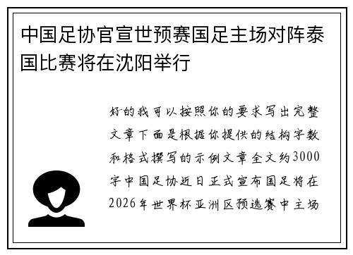 中国足协官宣世预赛国足主场对阵泰国比赛将在沈阳举行