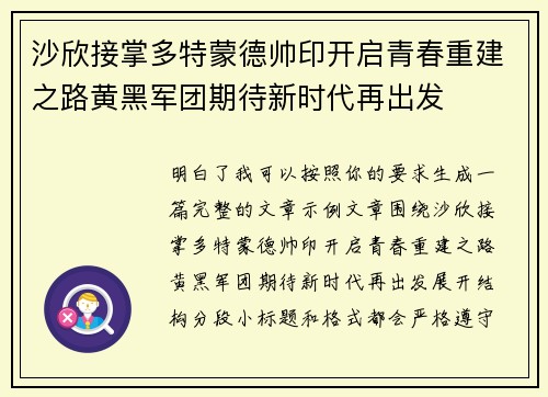 沙欣接掌多特蒙德帅印开启青春重建之路黄黑军团期待新时代再出发